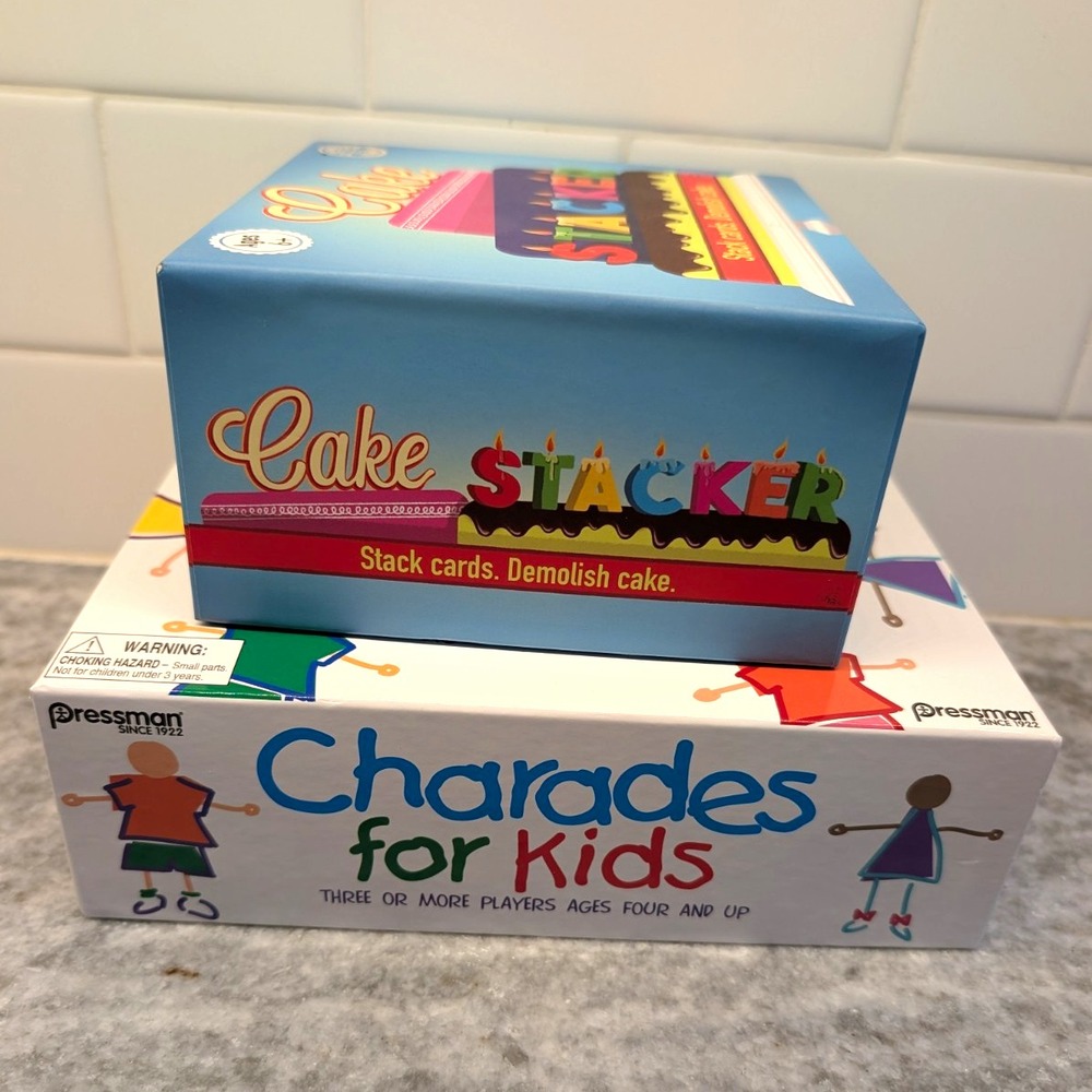 Lot of 2 Kids Games Charades for Kids Pressman + Cake Stacker Sealed Cards